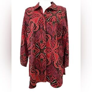 Chico's Red and Black Paisley No Iron Ladies Button Up, Size 1/M